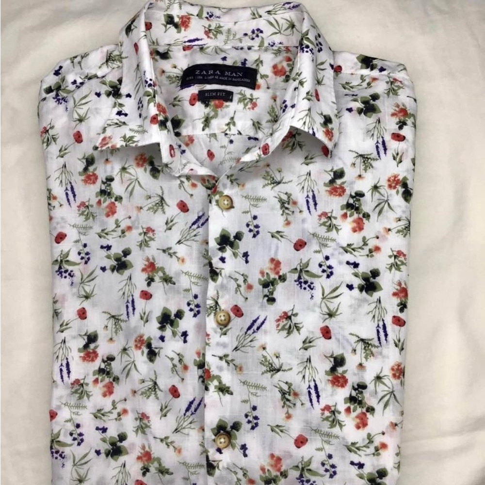 Zara White Floral Button Down Shirt